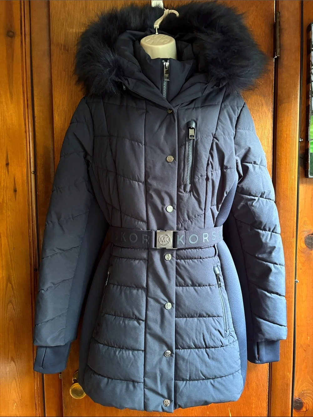 Michael Kors Navy Quilted Hooded Puffer Coat with Fur Trim size L preowned